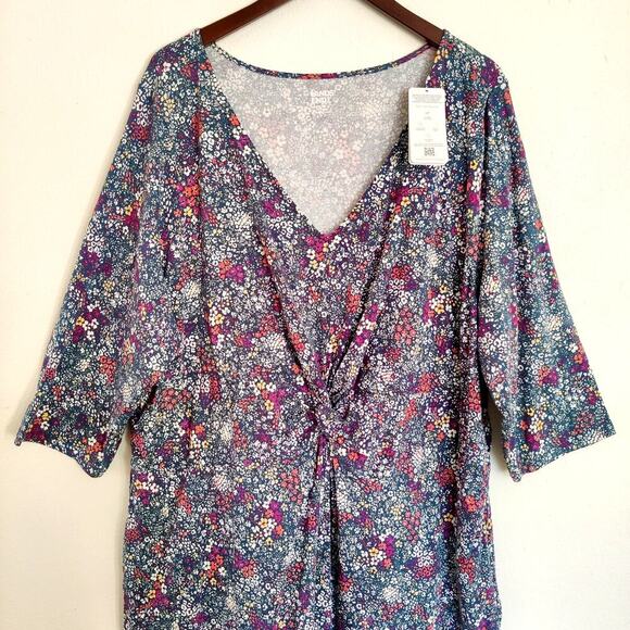 Lands End Floral Midi Dress 3X Tencel V-Neck Blue Multicolor Casual Ruched Soft - Picture 8 of 11
